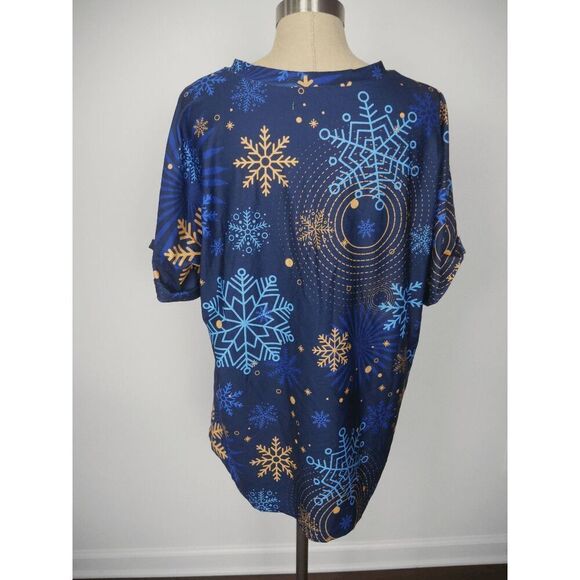 Women's V-neck Graphic Blue Print Short Sleeve Top L - Picture 2 of 5